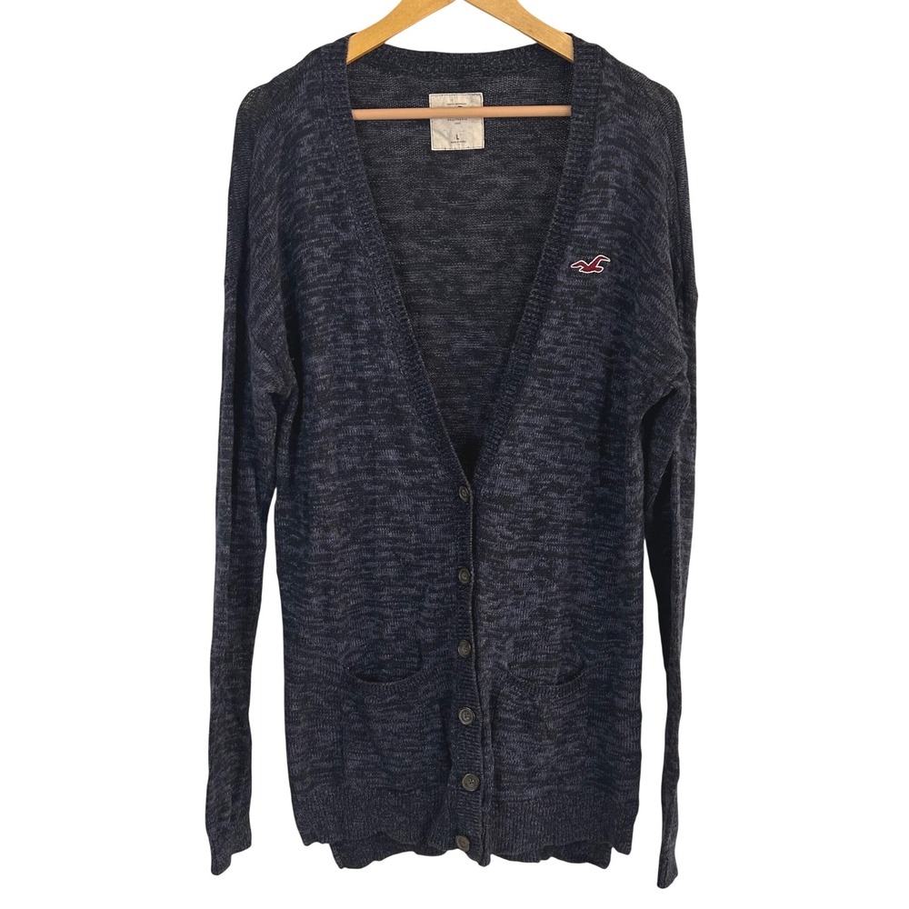 Hollister Women's L Blue Black Space Dye Button Front Longline Cardigan Sweater